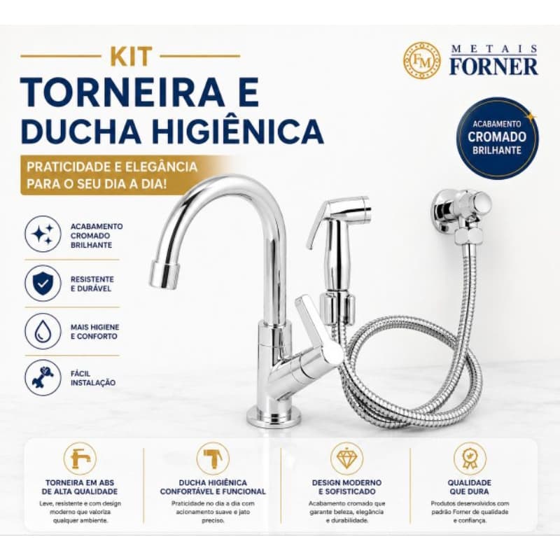 Kit Torneira ABS Cromada 1/4 de Volta com  Ducha Higiênica Cromada 1,2m | Kit de Banheiro
