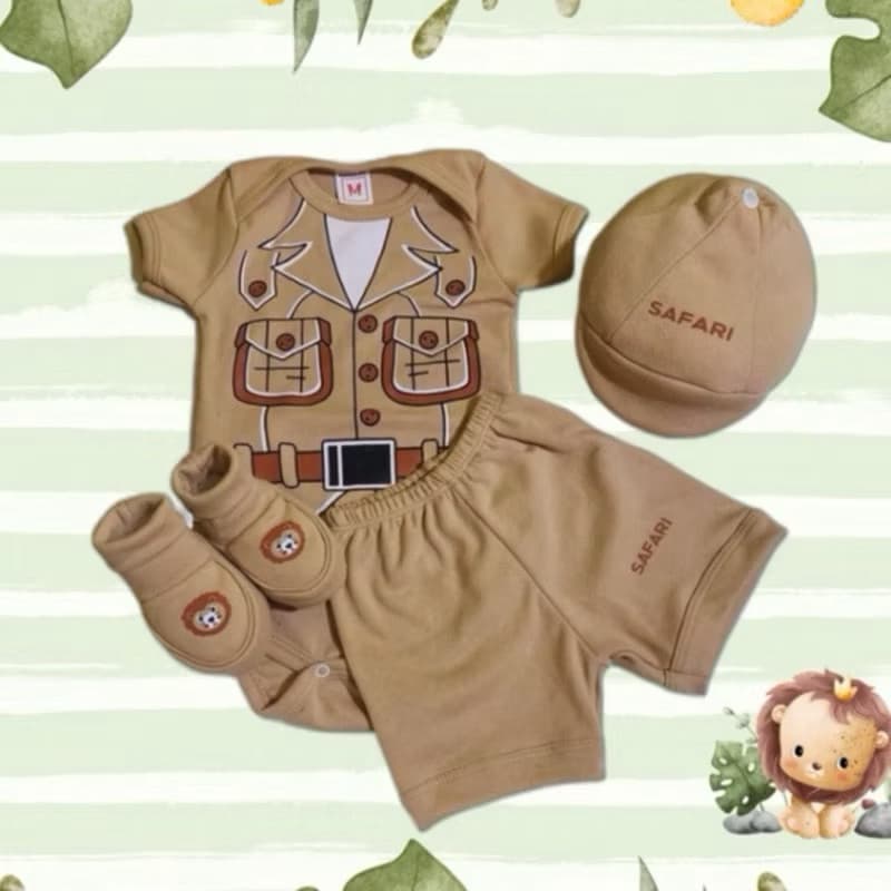 kit 4 peças Safari 100% algodão, temáticos mêsversário e personagens, body bebê e infantil