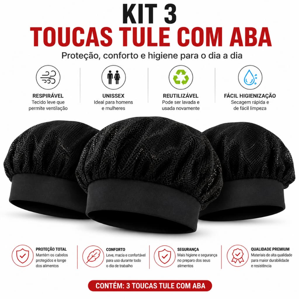 Kit 3 Toucas Tule Com Aba Pretas Reutilizáveis Unissex Cozinha Chef Confeitaria Padaria Restaurante Lanchonete Profissio