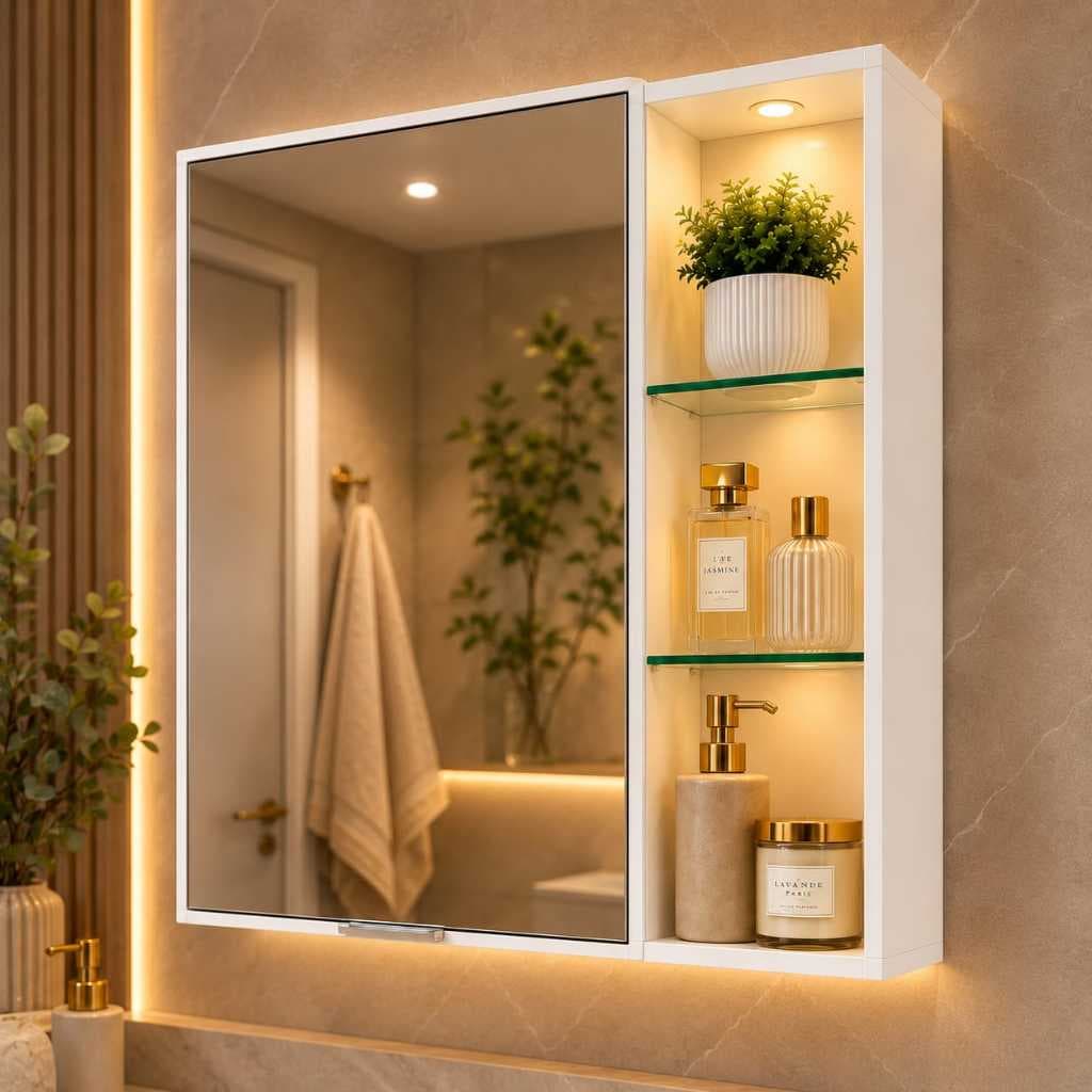 Armário  de banheiro com espelho e prateleiras de vidro .100 % MDF, Envio montado