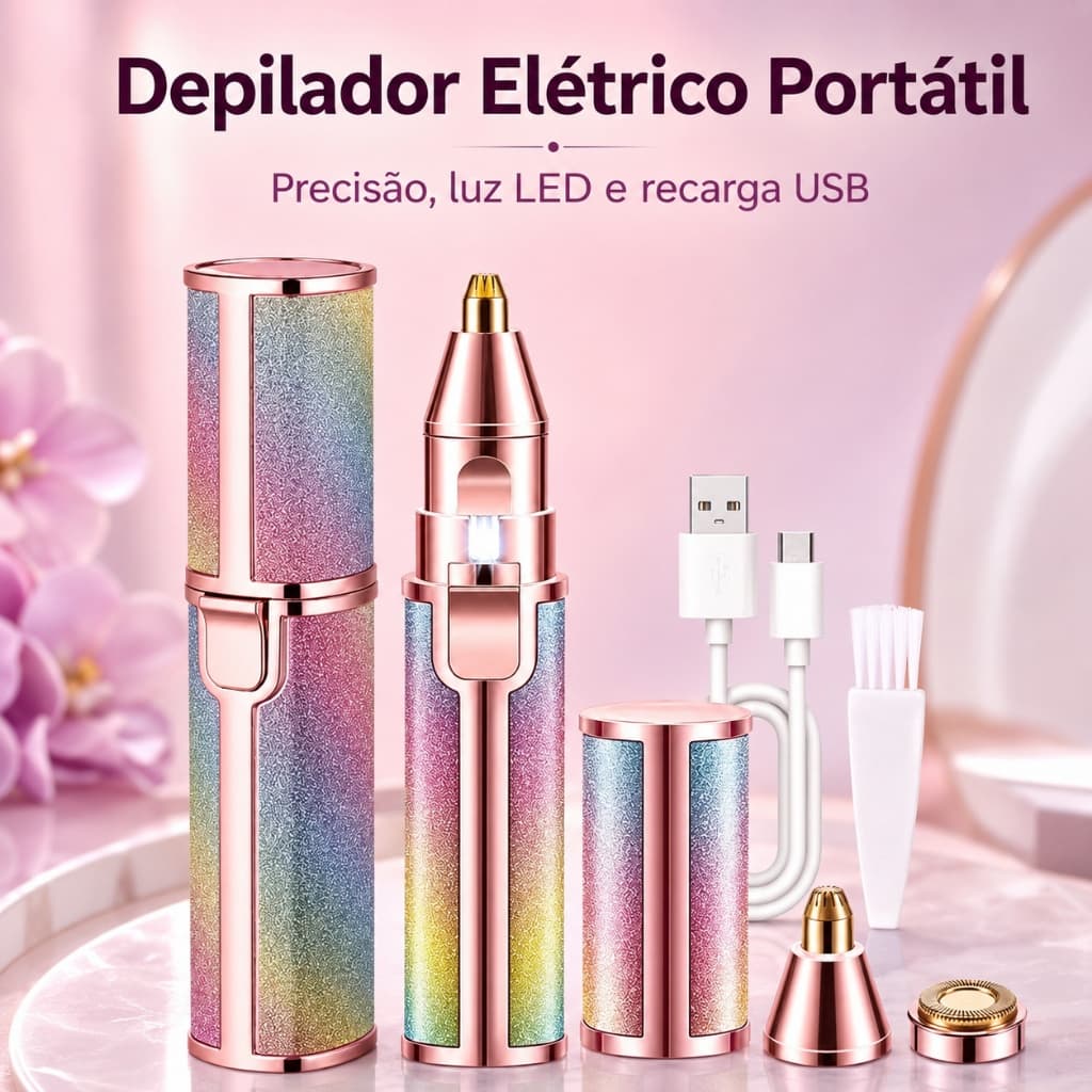 Depilador Eletrico Facial Indolor Sobrancelha Buco Tipo Batom Recarregavel USB Com Luz LED Mini Portatil Bolsa Luxo