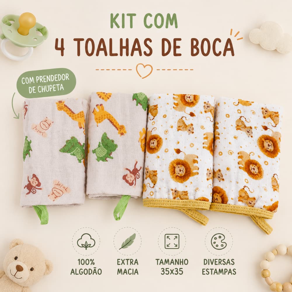 Kit 4 Toalha Paninho fralda de Boca Bebe Soft 100% Algodão Enxoval Com Prendedor Chupeta