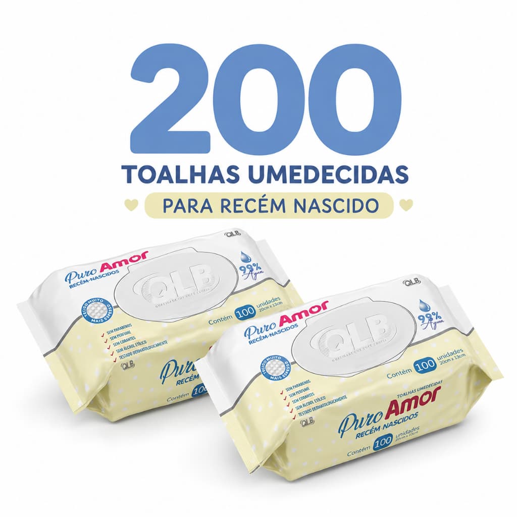 Kit com 2 Lenços/Toalhas Umedecidas Puro Amor Recém-Nascidos c/100 Unidades Cada – Tampa FlipTop