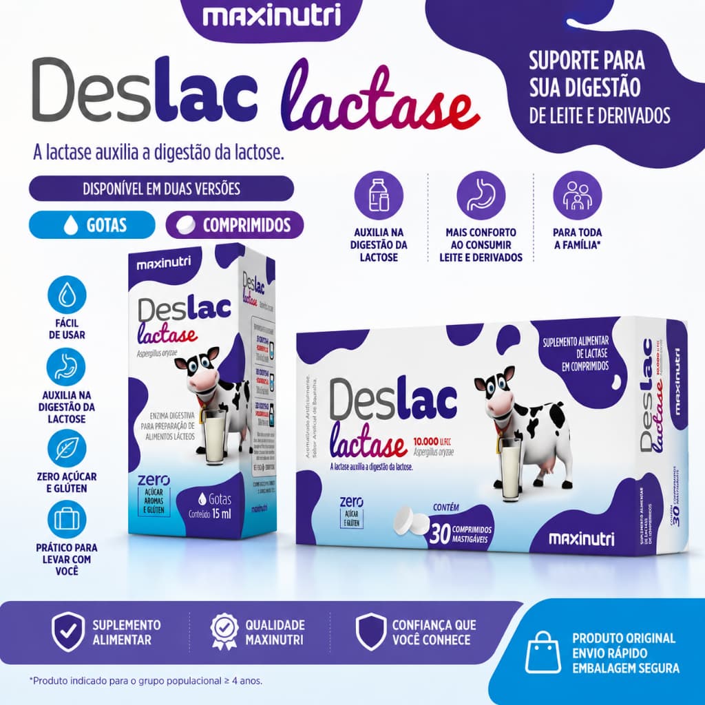 Deslac Lactase 10.000 U.FCC | Comprimidos e Gotas | Auxilia na Digestão da Lactose | Suplemento Alimentar