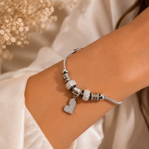 Pulseira Pingente Coração Berloques Com Zirconia Aço Inox 316L Inspiração Grifre Premium Pode Molhar