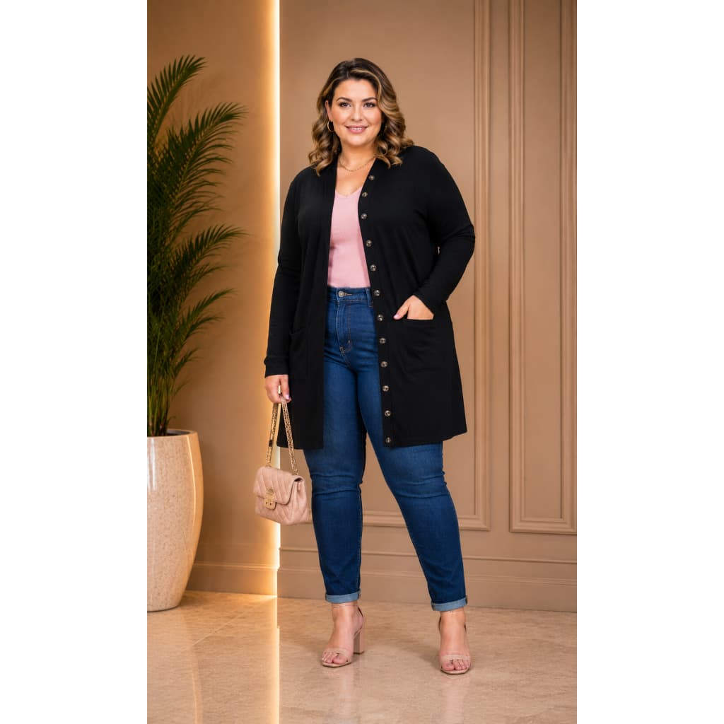 Cardigan Feminino Plus Size Cardigan Blusa Kimono Outono Inverno Botão Abre e Fecha
