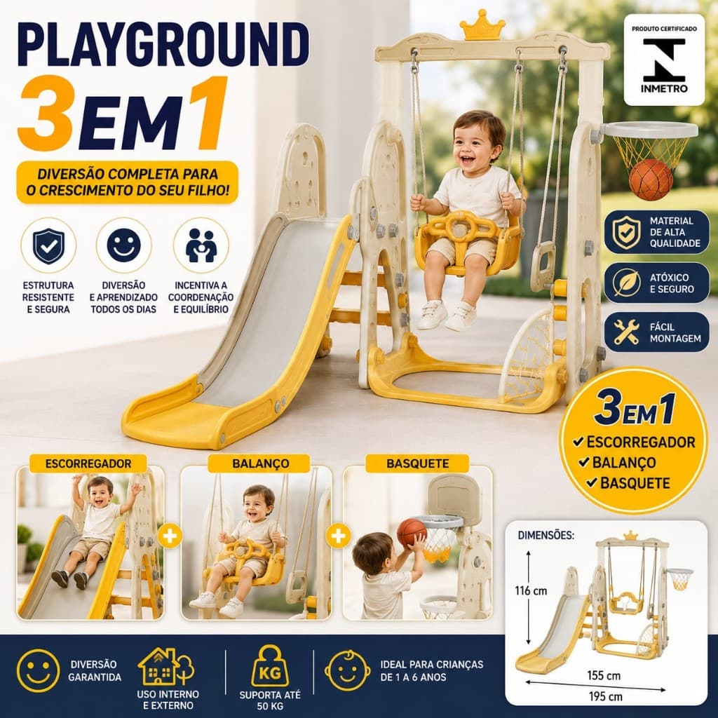Playground 3 em 1 Escorregador Balanço Basquete Bege Infantil Importway Crianças 2 Anos Premium