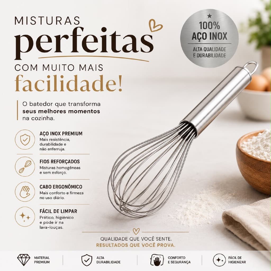 Fuet Batedor Ovos Massas Bolos Profissional 26 Cm Inox