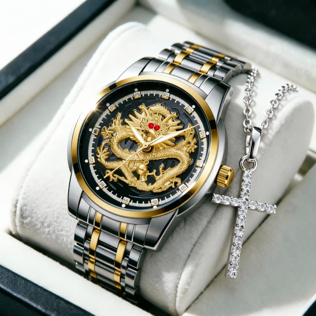 Relógio Masculino 49mm Dragão Quartzo Liga Presente Ideal Luminoso 3ATM Retrô Esportivo Fecho Botão