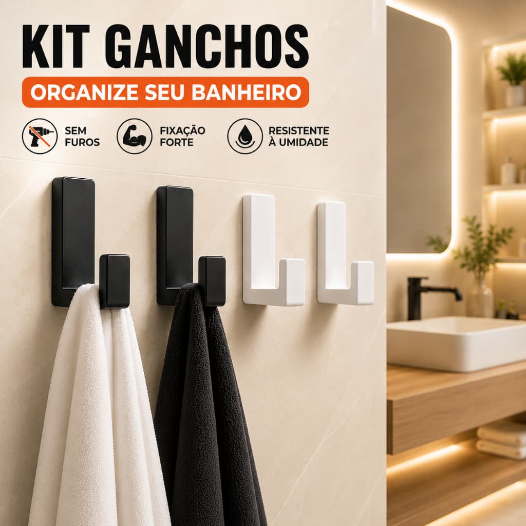 Kit Gancho Multiuso Organizador Adesivo Porta Toalha Roupão Bolsa Banheiro Cozinha 3M