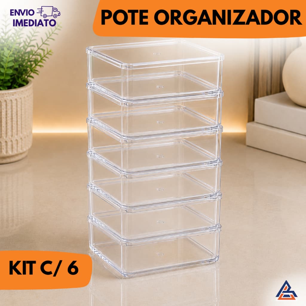 Kit 6 Organizadores Modular Multiuso Gavetas Mesas Pote Acrílico Cristal Escritório Geladeira
