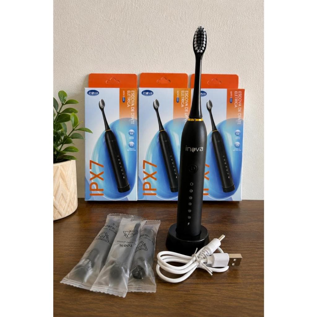 Escova de Dente Elétrica Inova IPX7 Recarregável + 4 Refis | 5 Modos de Limpeza