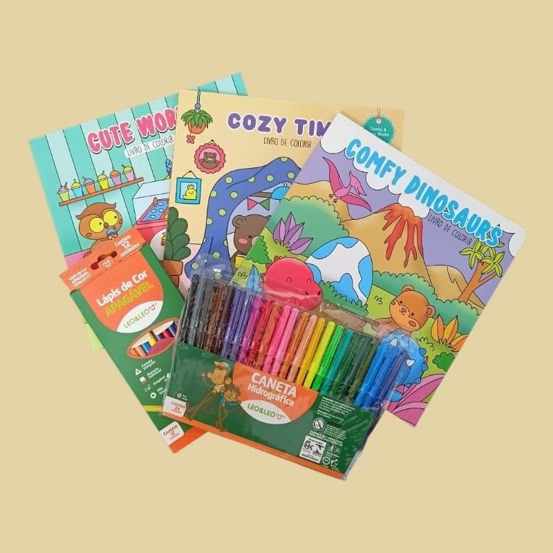 KIT INFANTIL 3 REVISTAS PARA COLORIR + 24 CANETINHAS HIDROGRÁFICA + 12 LÁPIS DE COR APAGÁVEL.