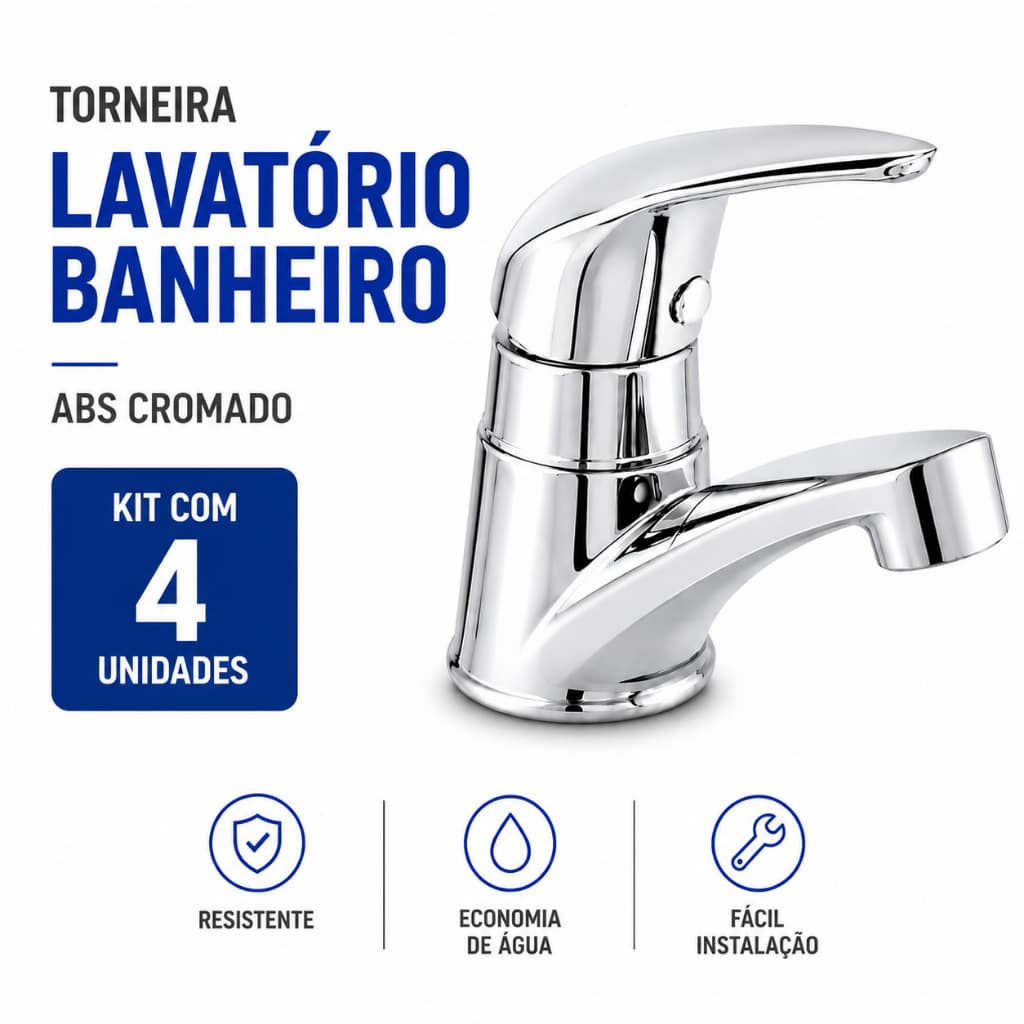 Torneira Lavatório Banheiro Abs Cromada | Torneira para Lavatório Banheiro | Kit 4 Unidades