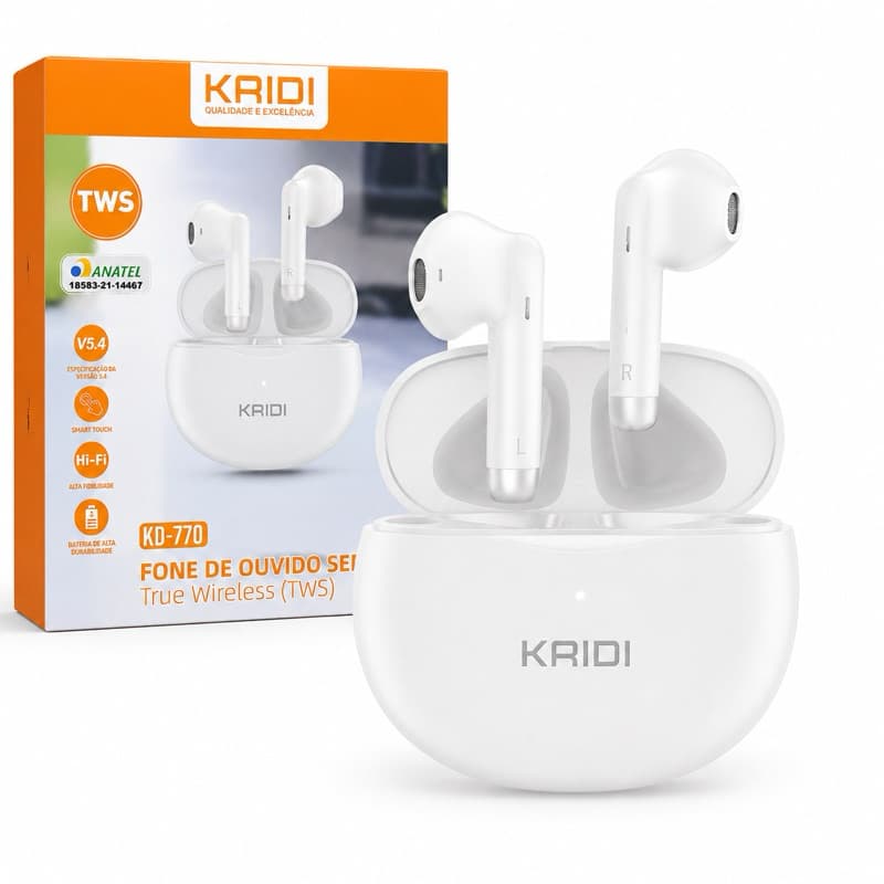 Fone de Ouvido Sem Fio KRIDI KD-770 TWS Bluetooth 5.4 Earbuds com Microfone Estojo Carregador para Android iPhone