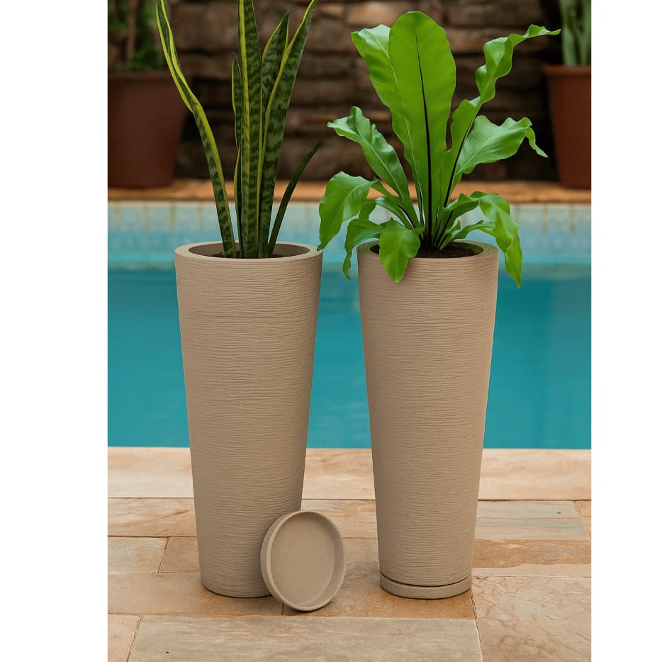 Vaso para Plantas Coluna Ibiza Escovada 59 cm Com Prato Coletor
