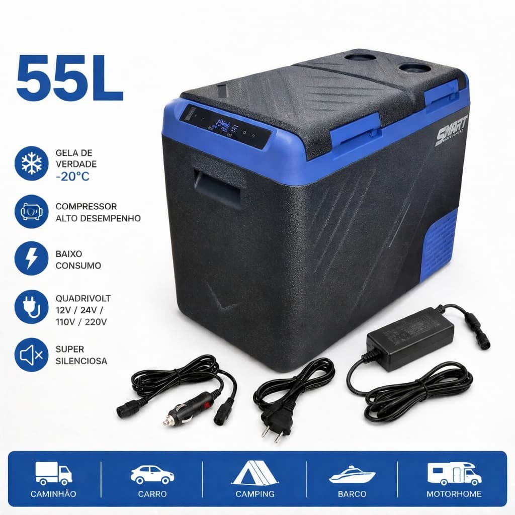 Geladeira Portátil 55L Quadrivolt Camping, Caminhão, barco, motorhome, Lanchas, Praia. pesca