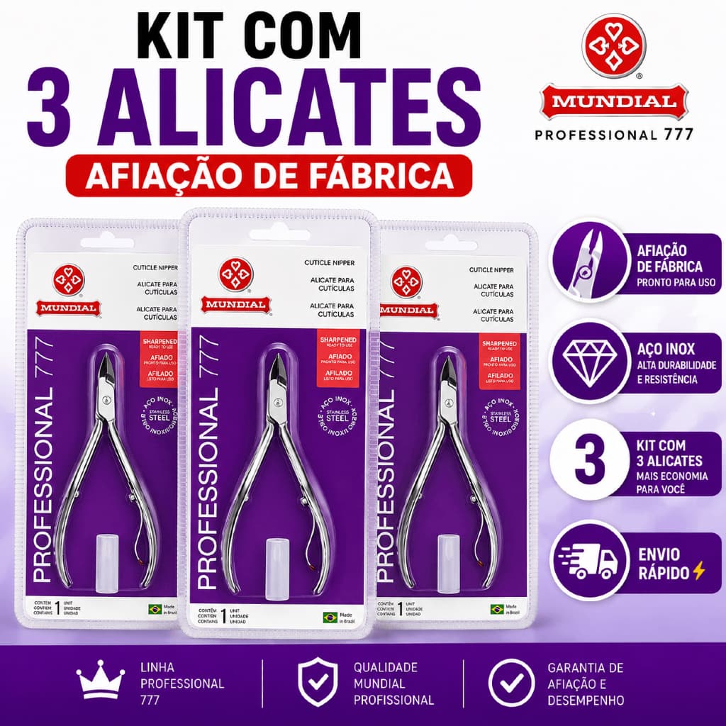Kit 3 Alicates Unha Cutícula Mundial Profissional 777