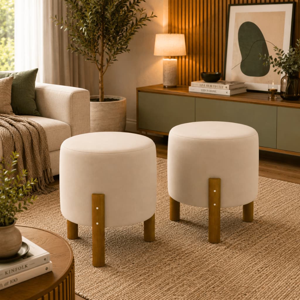 Kit 2 Puff Banqueta Sala Redondo Suede Decorativo Pés em Madeira Escritório Quarto