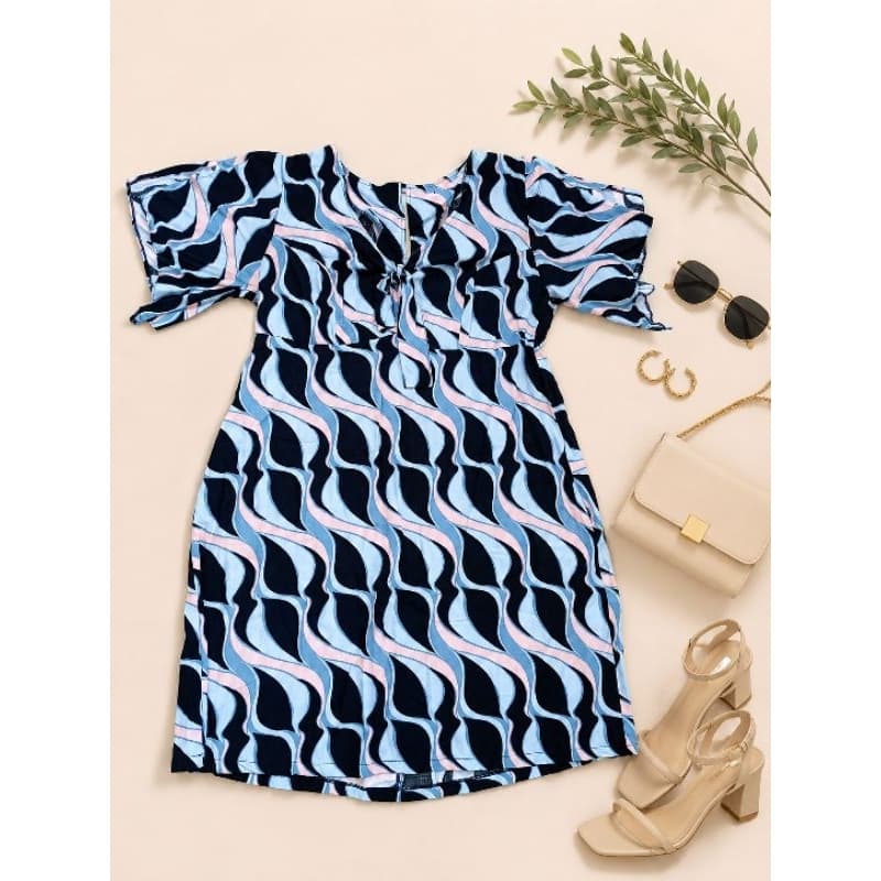 Vestido Feminino Estampado Viscose Azul Preto Manga Curta Zíper Costas Amarração Gola Tam G