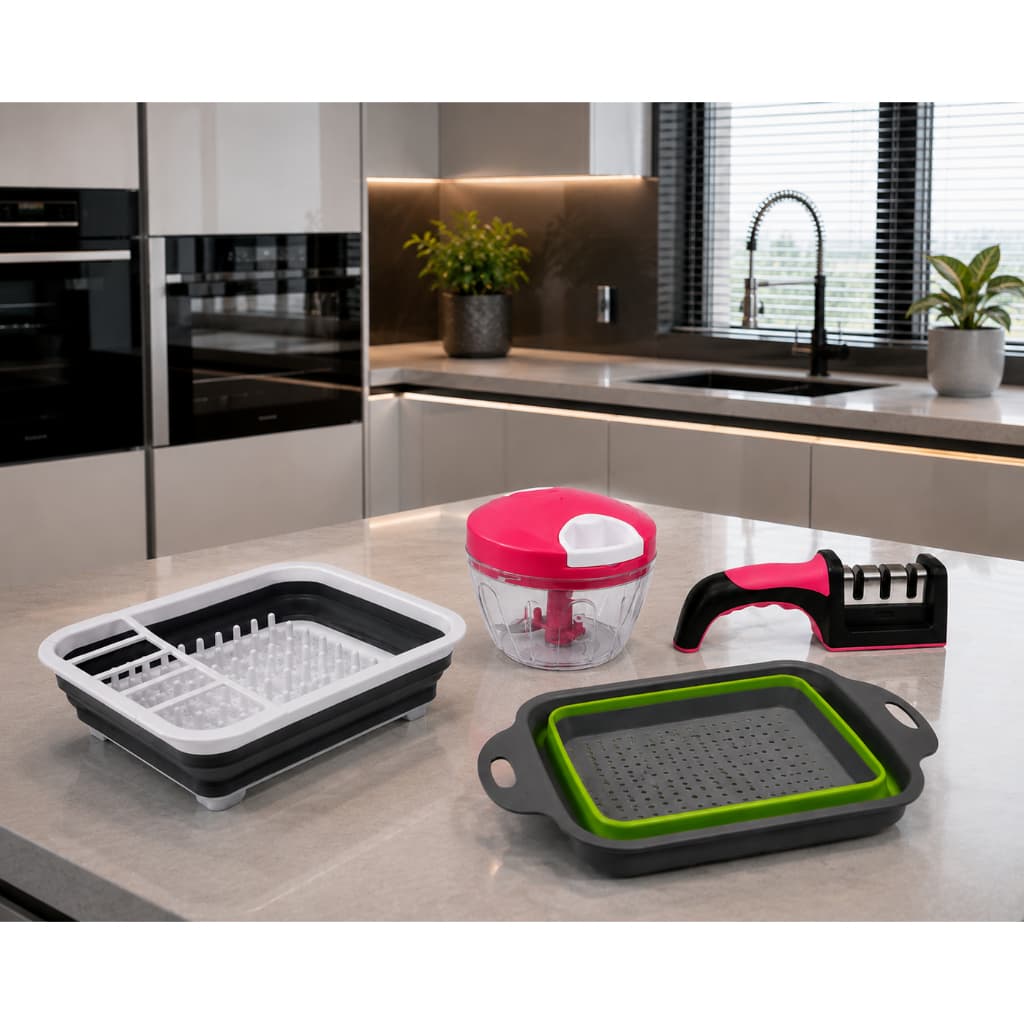 kit cozinha escorredor retrátil processador manual afiador de facas e escorredor multiuso silicone