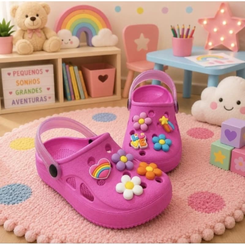 Sandália Babuche Infantil Menina Personalizada Flores Coração Babuche Feminino Confortável Macio Leve Moderno