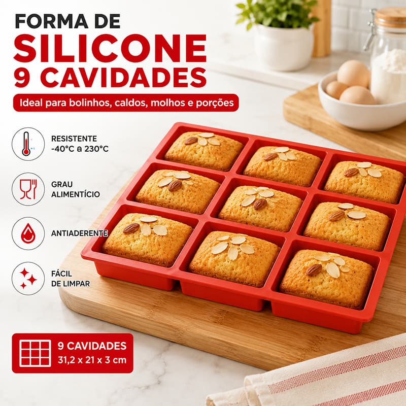 Forma de Silicone 9 Cavidades Retangulares Para Bolinhos Porções Caldos Molhos Freezer Forno Micro-ondas