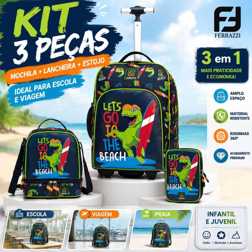 Ferrazzi Kit Mochila Escolar Infantil com Rodinhas + Lancheira + Estojo Dinossauro Menino Menina