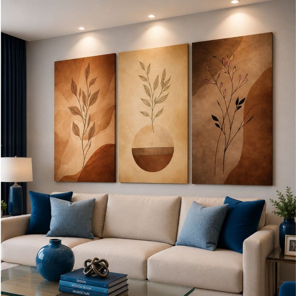 Kit 3 Quadros Decorativos Folhas Minimalista arte moderna Tons Terrosos Sala Quarto MDF