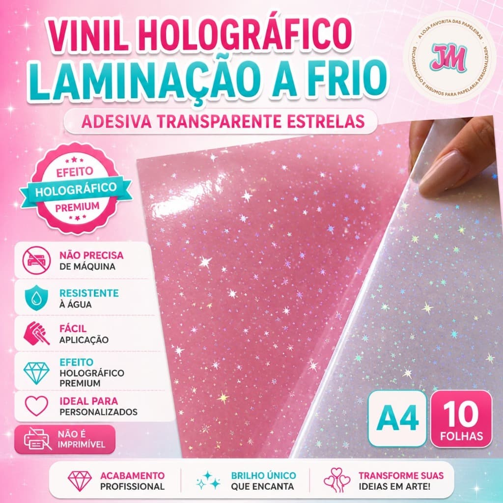 LAMINAÇÃO A FRIO - 10 folhas Vinil Adesivo Holográfico Transparente ESTRELAS Laminação Adesiva A4 90g