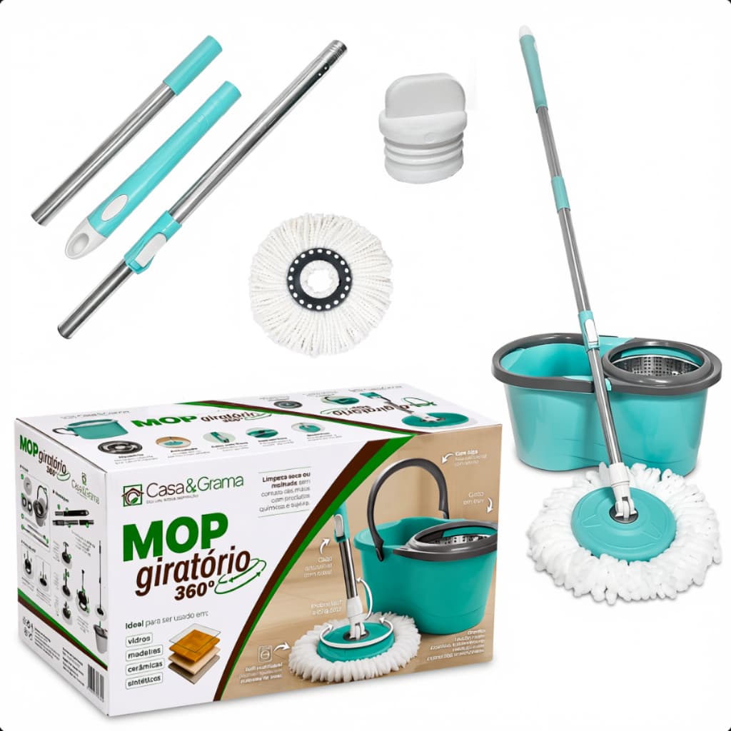 Mop Giratório Esfregão Cabo 140cm Ajustável Reforçado Balde 14L Cesto Inox Com 2 Refis Casa&Grama