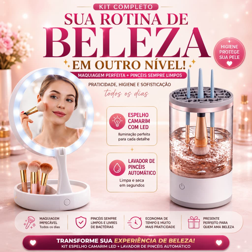 Kit para Maquiagem - Espelho Camarim com Iluminação LED + Lavador de Pincéis Automático Conj/Und