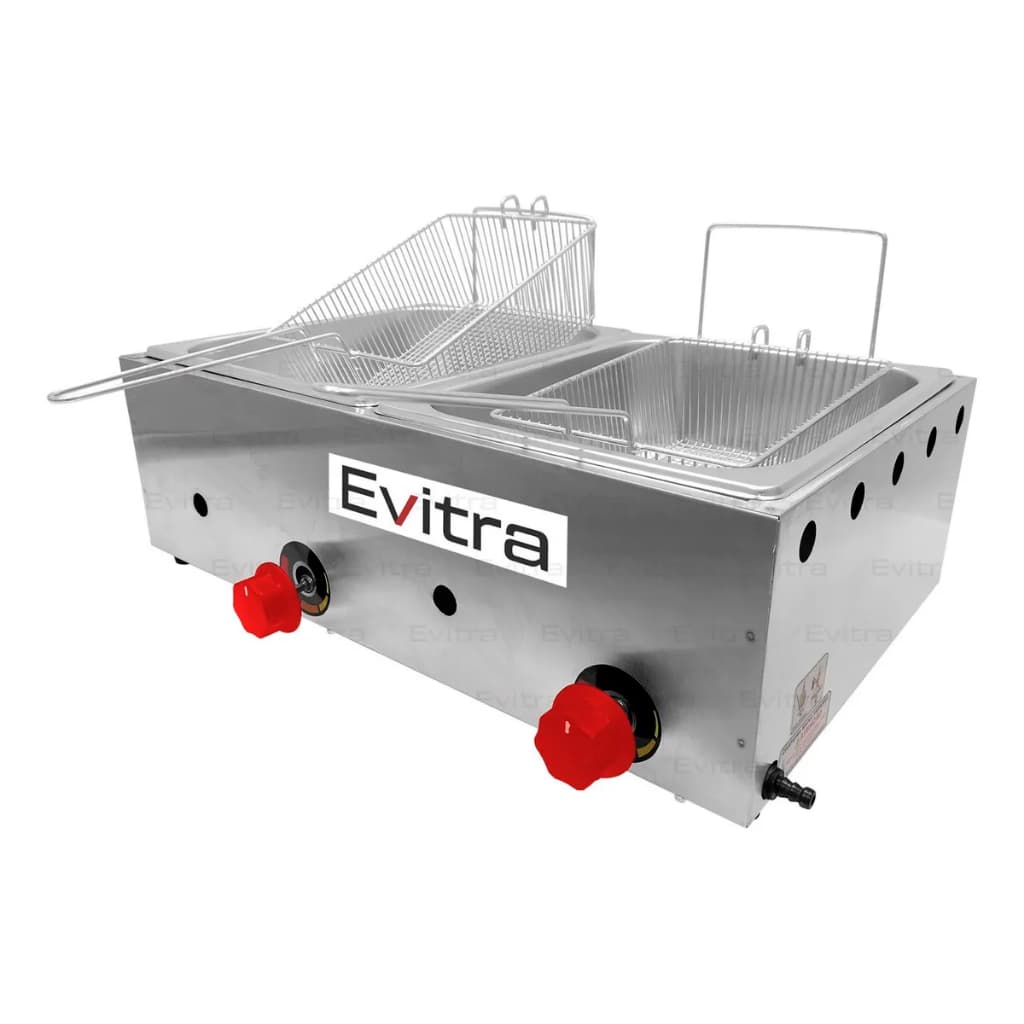 Fritadeira Fritador A Gás 2 Cubas Industrial Profissional Em Aço Inox 10L Óleo Pastel Batatas GLP