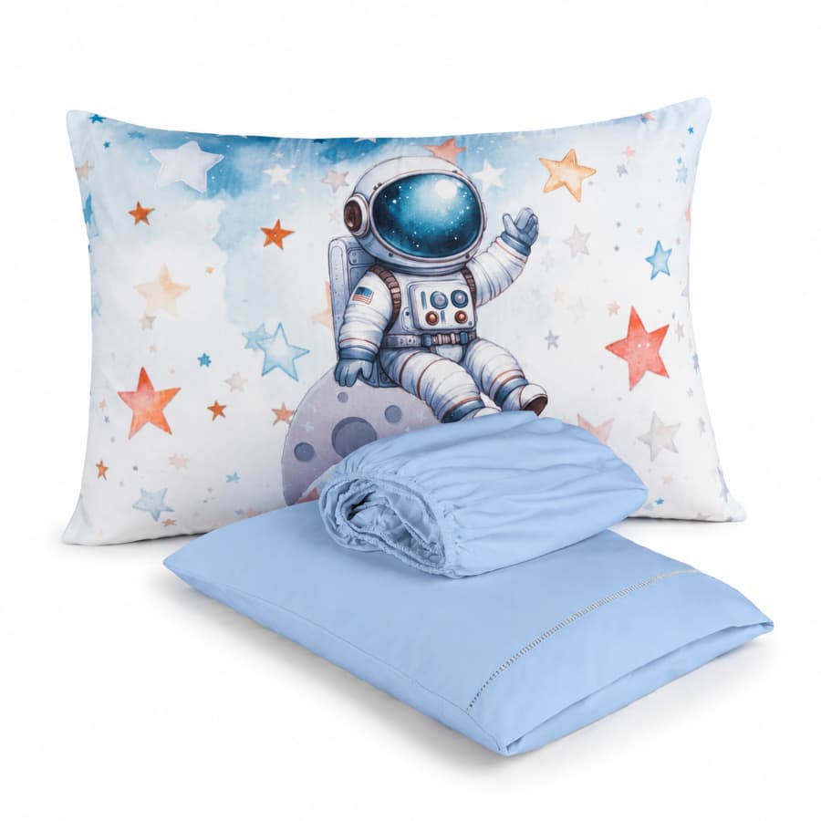 Kit Solteiro Astronauta Lençol com Elastico + 2 Fronhas 70x50 Hipercal Luxo 400 Fios Extremo Confoto