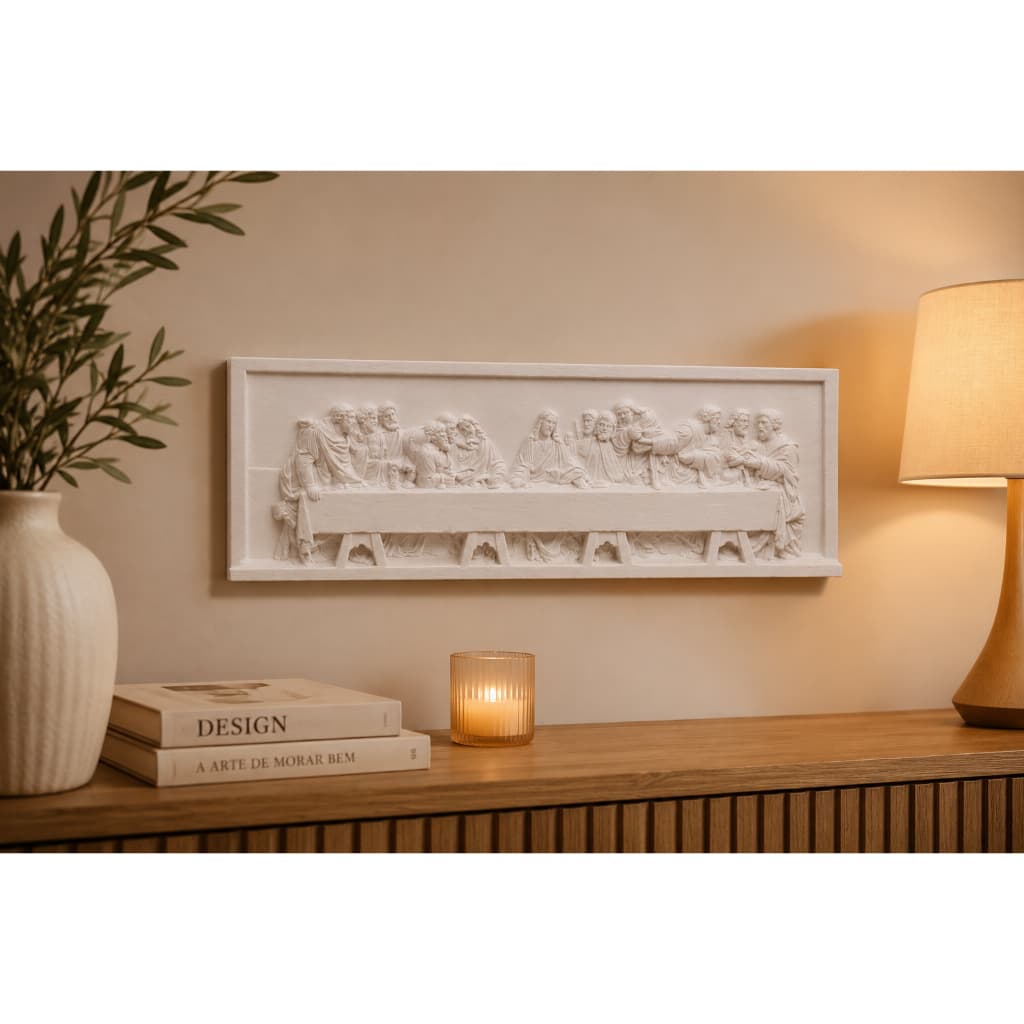 Santa Ceia 25cm Quadro Decorativo Religioso em Alto Relevo para Parede | Branco, Mármore, Bege, Cinza, Dourado e Bronze