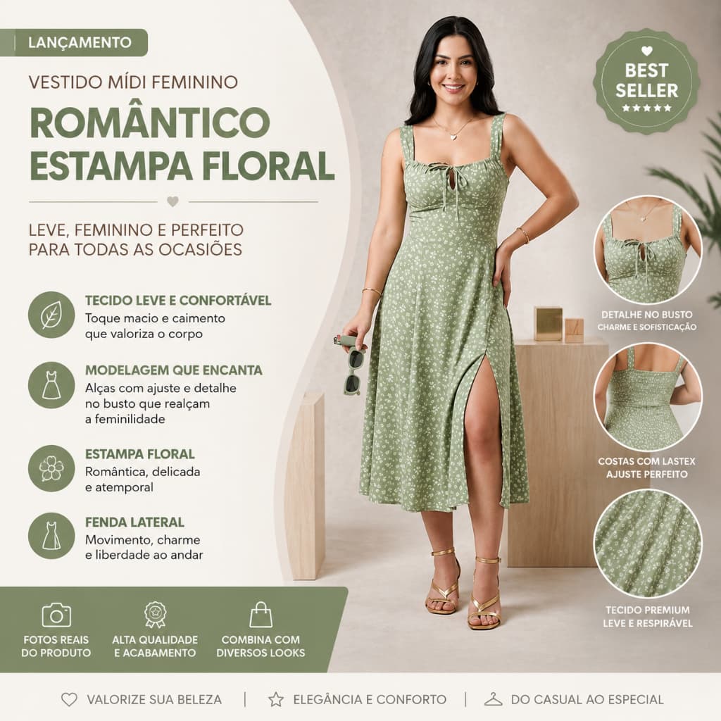 Vestido Feminino Midi Manga Princesa Estampado Flor moda Evangélica