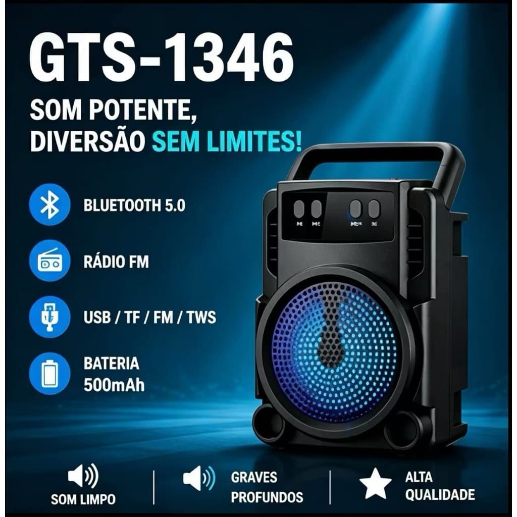 Caixa de Som Bluetooth Portátil 3 Polegadas GTS-1346 USB TF FM Rádio TWS Recarregável Som Potente Mini Speaker