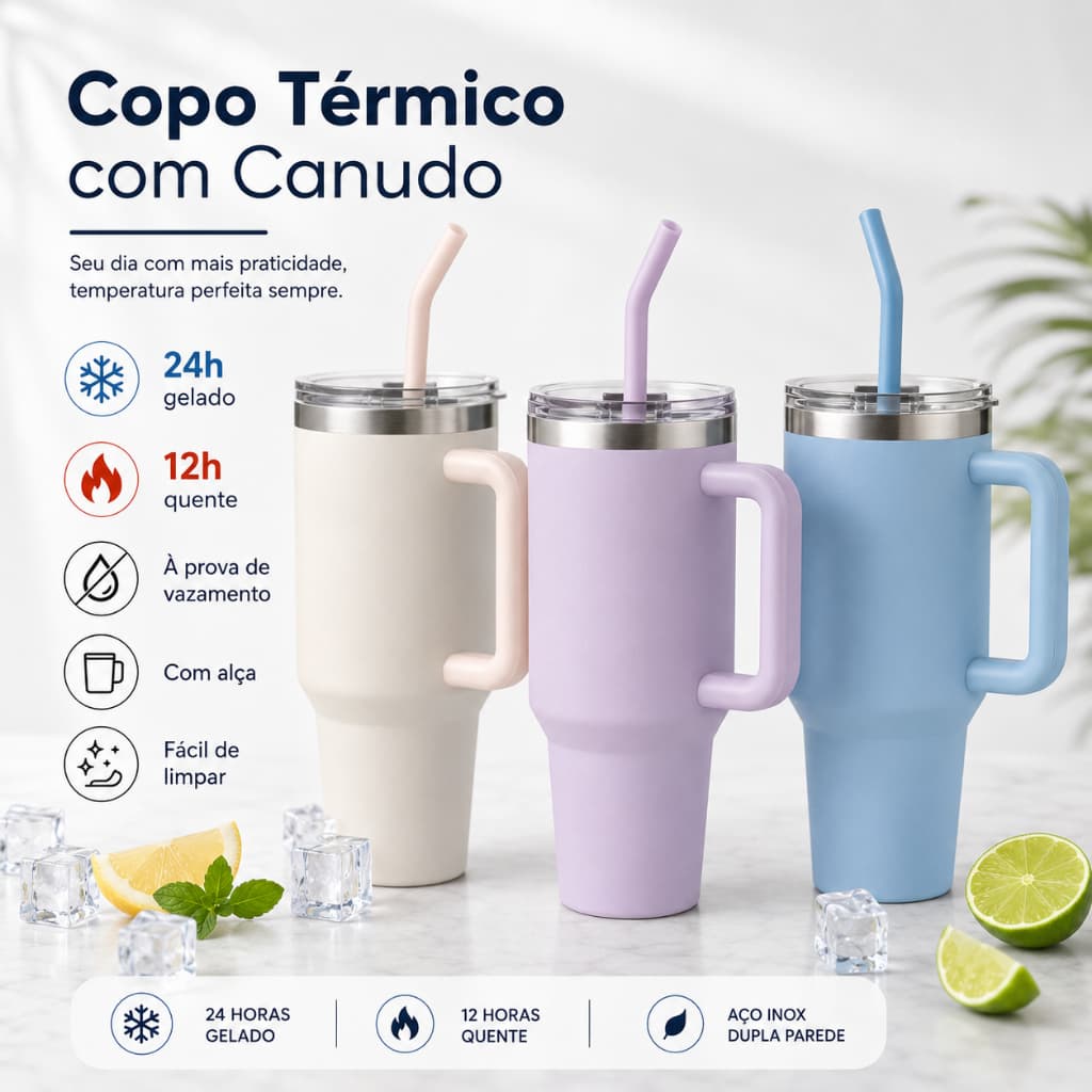 Copo Térmico Inox Portátil 1200ml, Vedação Antivazamento, Tampa e Canudo