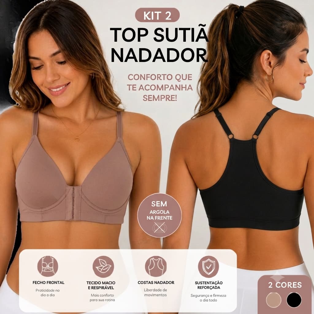 Kit 2 Top Sutiã Nadador Com Bojo Fecho na Frente Alça Larga Com Regulagem Sustentação Reforçada
