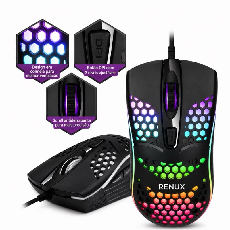 Mouse Gamer RGB Renux 3000 DPI USB LED Colorido Gamer Profissional Para PC Notebook Alta Precisão Com Fio