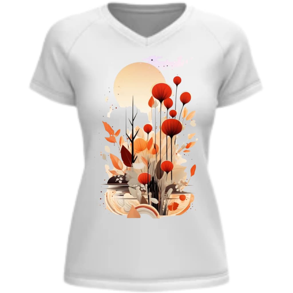 CAMISETA FEMININA, BRANCA ESTAMPADA TEMA FLORAL, EM DTF TEXTIL.