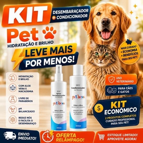 Kit Desembaraçador + Condicionador Pet 300ml Cães E Gatos Hidratação Brilho E Maciez