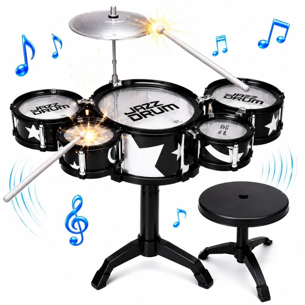 Bateria Infantil 5 Tambores Com Baquetas E Banquinho Cor Azul Para Crianças Músicas