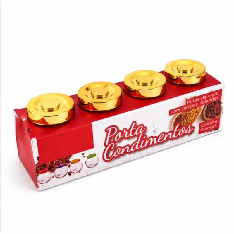 Kit Porta Condimentos 4 Potes de Vidro com Tampa Dourada Porta Temperos Organizador Cozinha
