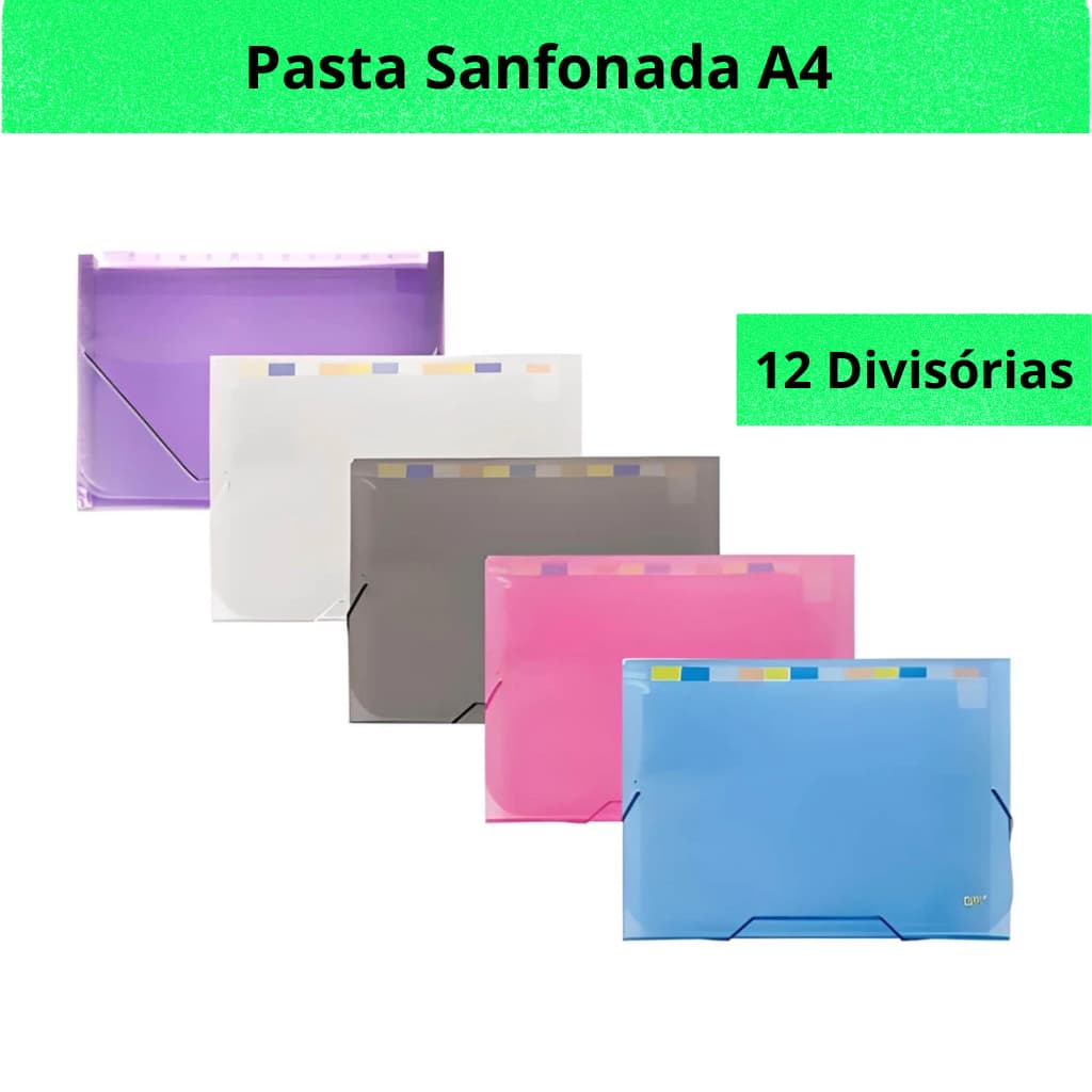Pasta Sanfonada 12 Divisórias Tamanho A4 Organizadora de Documentos Reforçada