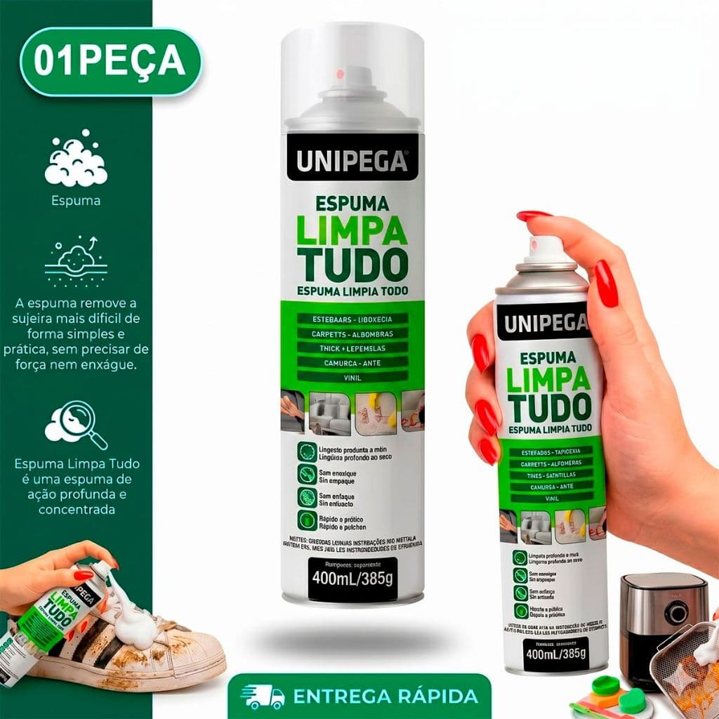 Espuma Limpa Tudo Estofados Carpetes Tênis Camurça Desengordurante Piso 400ml/338g Unipega