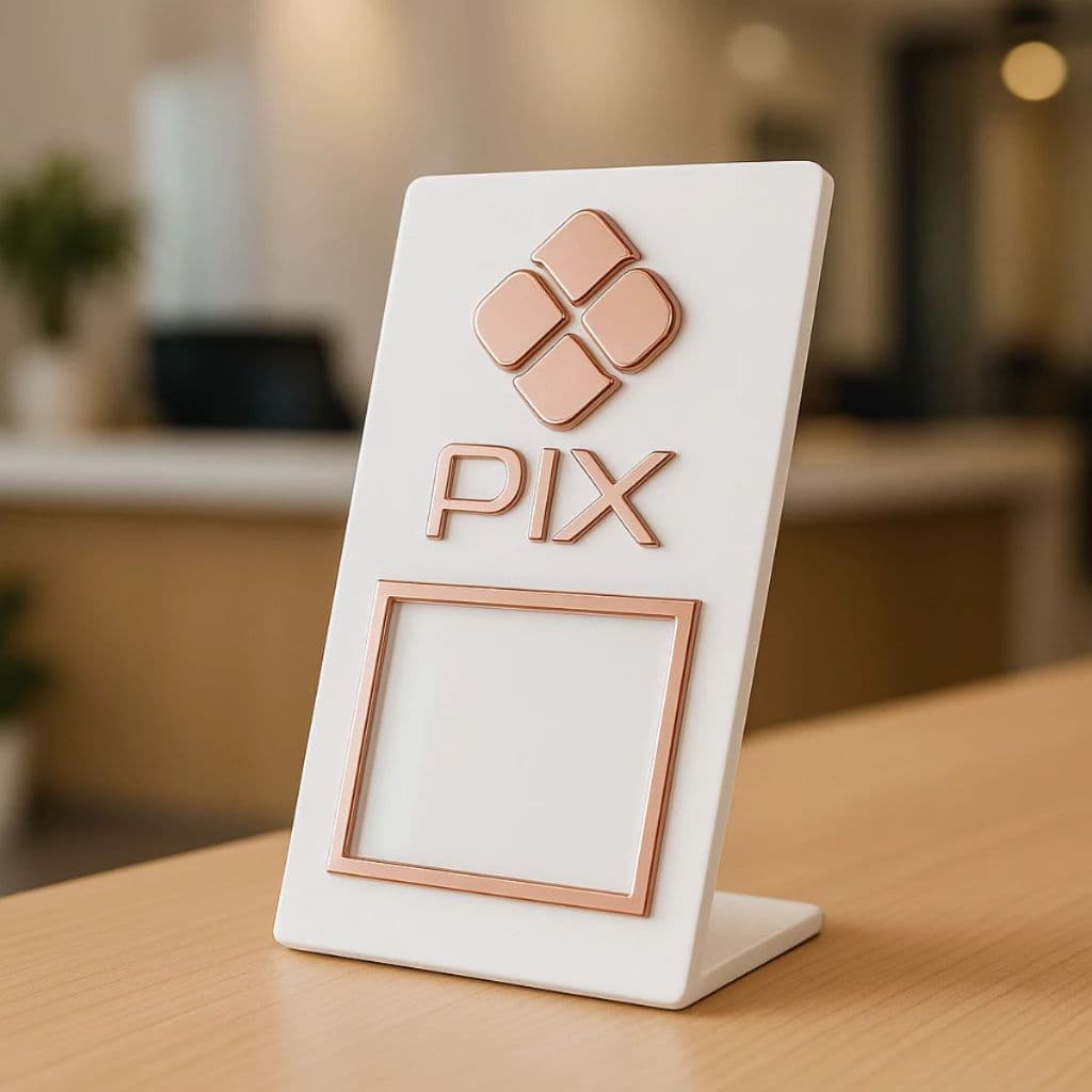 Placa Pix QR Code de Mesa e Balcão Display em Acrílico Espelhado Para Loja Comércio