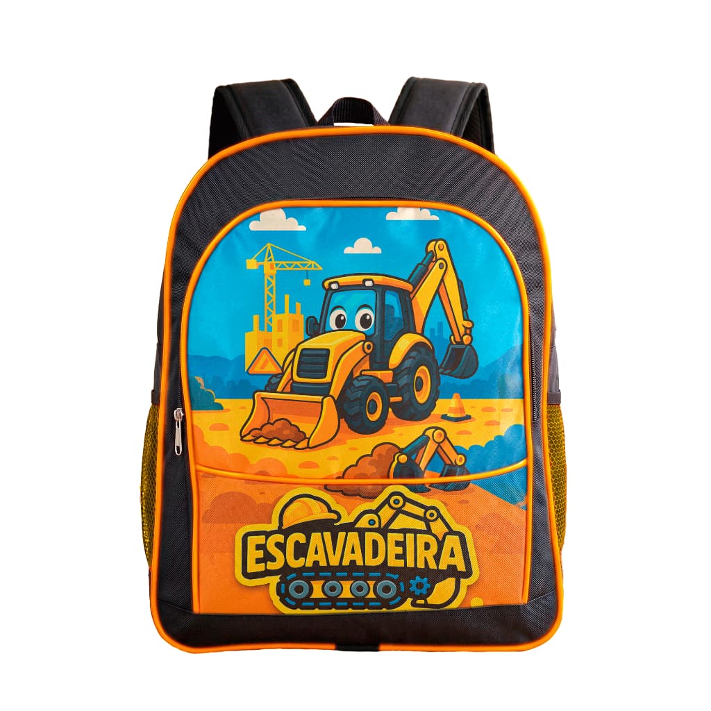 Mochila Escolar Infantil Menino Grande Obra Escavadeira Construção Volta às Aulas Reforçada com Alça