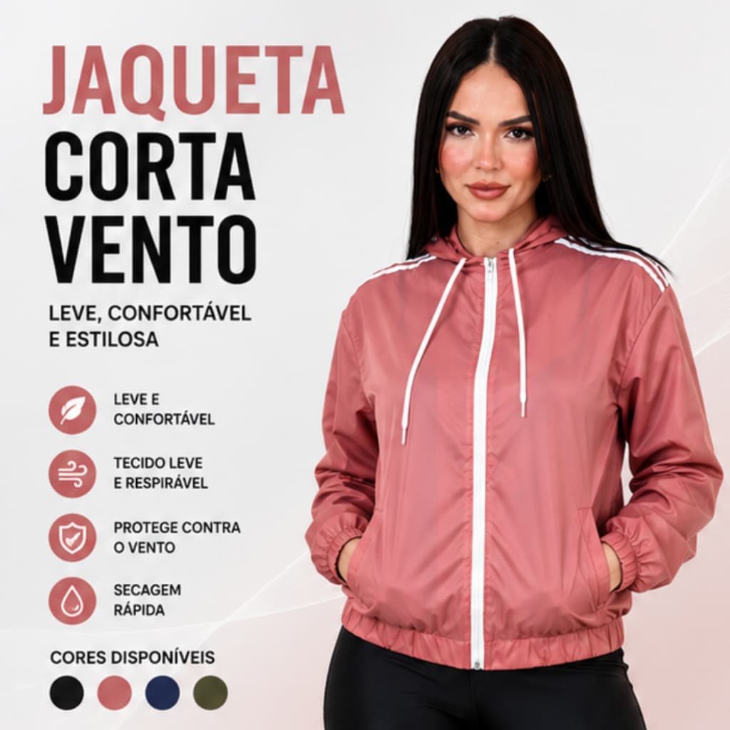 Jaqueta Corta Vento Feminina Leve Confortável Capuz Academia Dia a Dia