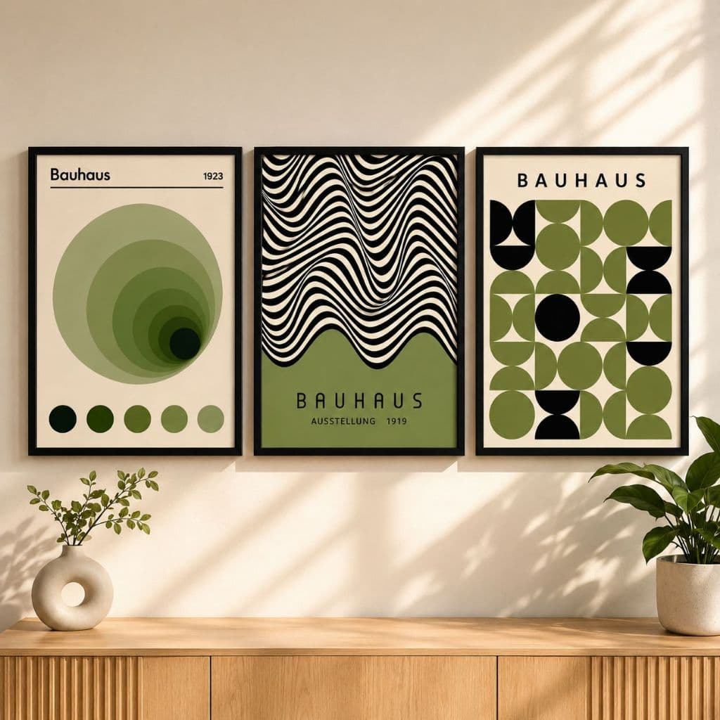 Kit 3 Quadros Abstrato Bauhaus Verde Premium Moldura Branca Decoração Moderna Sala Escritório Quarto